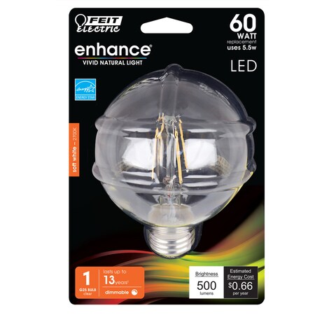 Feit Electric Feit Enhance G25 E26 (Medium) Filament LED Bulb Soft White 60 Watt Equivalence 1 pk G2560927CAFILRP